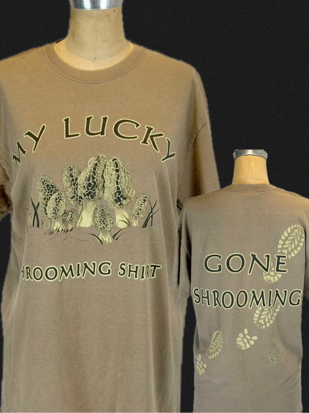 VINTAGE mushroom morel hunting tshirt tee graphic front back Lucky Shrooming 90s